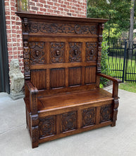 Load image into Gallery viewer, Antique French Bench Chair Settee Hall Bench Trunk Renaissance Revival Oak 19thC