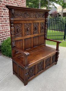 Antique French Bench Chair Settee Hall Bench Trunk Renaissance Revival Oak 19thC
