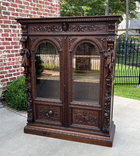 Antique French Bookcase Cabinet Display Double Door Scholars Carved Oak 19th C