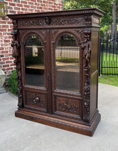 Load image into Gallery viewer, Antique French Bookcase Cabinet Display Double Door Scholars Carved Oak 19th C