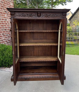 Antique French Bookcase Cabinet Display Double Door Scholars Carved Oak 19th C