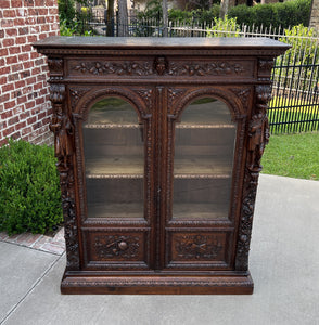 Antique French Bookcase Cabinet Display Double Door Scholars Carved Oak 19th C