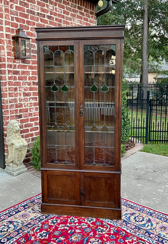 Antique English Bookcase Display Cabinet Stained Glass Doors Oak c.1920-30s