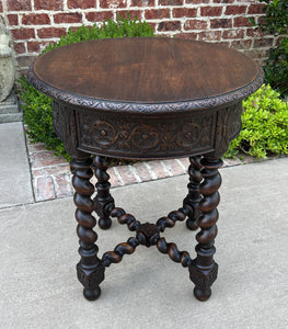 Antique French ROUND Side End Table BARLEY TWIST Carved Oak Renaissance 19th C