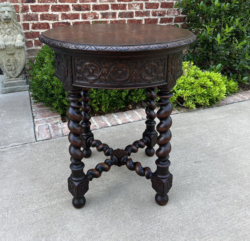 Antique French ROUND Side End Table BARLEY TWIST Carved Oak Renaissance 19th C