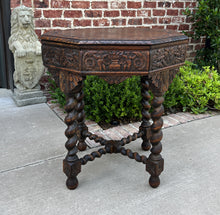 Load image into Gallery viewer, Antique French Table BARLEY TWIST Octagonal Renaissance Revival Carved Oak 19thC