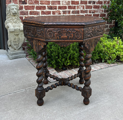 Antique French Table BARLEY TWIST Octagonal Renaissance Revival Carved Oak 19thC