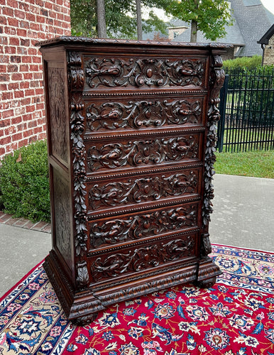 Tall Antique French Chest of Drawers Renaissance Revival Carved Oak c. 1880s