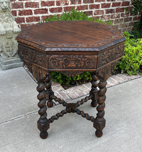 Antique French Table BARLEY TWIST Octagonal Renaissance Revival Carved Oak 19thC