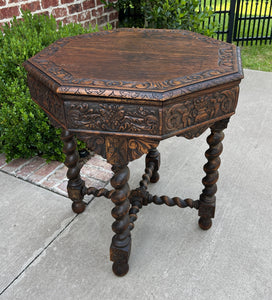 Antique French Table BARLEY TWIST Octagonal Renaissance Revival Carved Oak 19thC