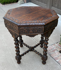 Antique French Table BARLEY TWIST Octagonal Renaissance Revival Carved Oak 19thC