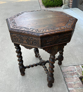 Antique French Table BARLEY TWIST Octagonal Renaissance Revival Carved Oak 19thC
