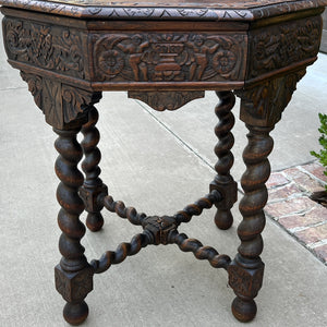 Antique French Table BARLEY TWIST Octagonal Renaissance Revival Carved Oak 19thC