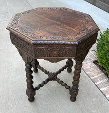 Load image into Gallery viewer, Antique French Table BARLEY TWIST Octagonal Renaissance Revival Carved Oak 19thC