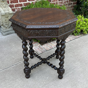 Antique French Table BARLEY TWIST Octagonal Renaissance Revival Oak Carved 19thC