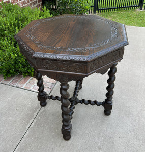 Antique French Table BARLEY TWIST Octagonal Renaissance Revival Oak Carved 19thC