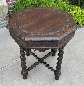 Antique French Table BARLEY TWIST Octagonal Renaissance Revival Oak Carved 19thC