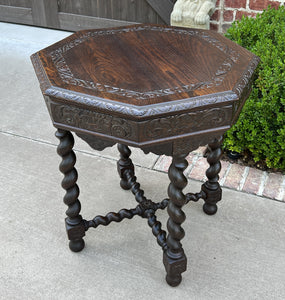 Antique French Table BARLEY TWIST Octagonal Renaissance Revival Oak Carved 19thC