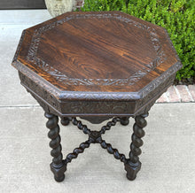 Load image into Gallery viewer, Antique French Table BARLEY TWIST Octagonal Renaissance Revival Oak Carved 19thC