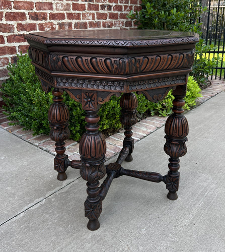 Antique French Table Octagonal Renaissance Revival Carved Oak 19th C