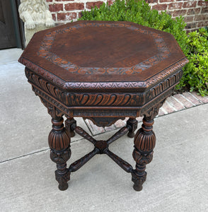 Antique French Table Octagonal Renaissance Revival Carved Oak 19th C