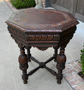 Antique French Table Octagonal Renaissance Revival Carved Oak 19th C