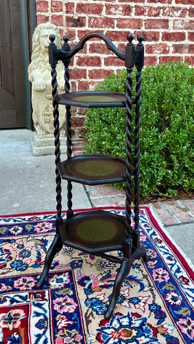 Antique English Dark Oak Double Post Barley Twist Pie Stand Side Cake c. 1930s