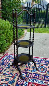 Antique English Dark Oak Double Post Barley Twist Pie Stand Side Cake c. 1930s