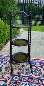 Antique English Dark Oak Double Post Barley Twist Pie Stand Side Cake c. 1930s