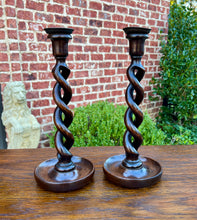 Load image into Gallery viewer, Antique English Open Barley Twist PAIR Candlesticks Candle Holders Oak 12.5&quot; T