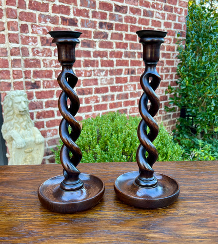 Antique English Open Barley Twist PAIR Candlesticks Candle Holders Oak 12.5