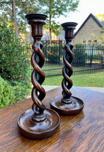 Load image into Gallery viewer, Antique English Open Barley Twist PAIR Candlesticks Candle Holders Oak 12.5&quot; T