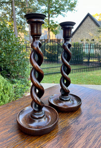 Antique English Open Barley Twist PAIR Candlesticks Candle Holders Oak 12.5" T