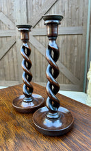 Load image into Gallery viewer, Antique English Open Barley Twist PAIR Candlesticks Candle Holders Oak 12.5&quot; T