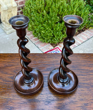 Load image into Gallery viewer, Antique English Open Barley Twist PAIR Candlesticks Candle Holders Oak 12.5&quot; T