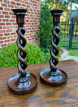 Load image into Gallery viewer, Antique English Open Barley Twist PAIR Candlesticks Candle Holders Oak 12.5&quot; T