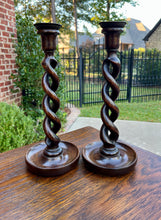 Load image into Gallery viewer, Antique English Open Barley Twist PAIR Candlesticks Candle Holders Oak 12.5&quot; T