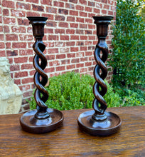 Load image into Gallery viewer, Antique English Open Barley Twist PAIR Candlesticks Candle Holders Oak 12.5&quot; T