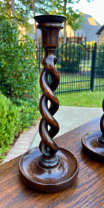 Antique English Open Barley Twist PAIR Candlesticks Candle Holders Oak 12.5" T