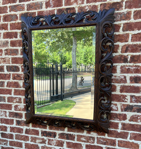 Antique French Mirror Oak Framed Hanging Wall Mirror Beveled Rectangular