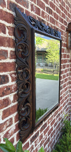 Antique French Mirror Oak Framed Hanging Wall Mirror Beveled Rectangular