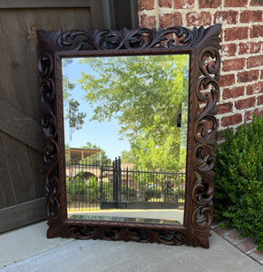 Antique French Mirror Oak Framed Hanging Wall Mirror Beveled Rectangular