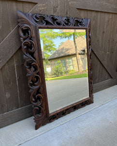 Antique French Mirror Oak Framed Hanging Wall Mirror Beveled Rectangular