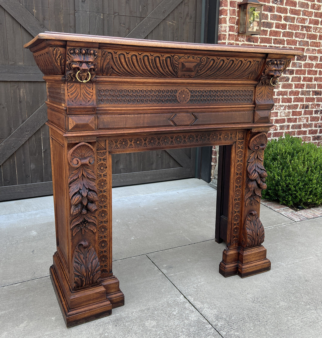 Antique French Fireplace Mantel Surround Hearth Carved Oak Renaissance Lion Mask