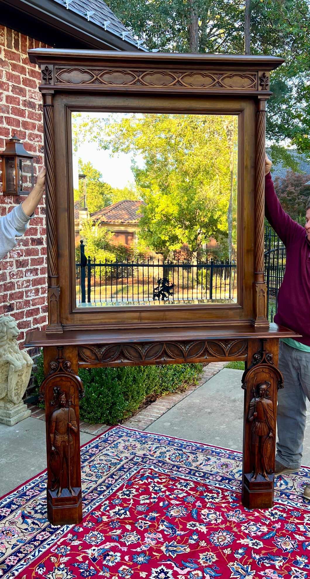 Antique French Fireplace Mantel Mirror Figural Carved Walnut c. 1880s