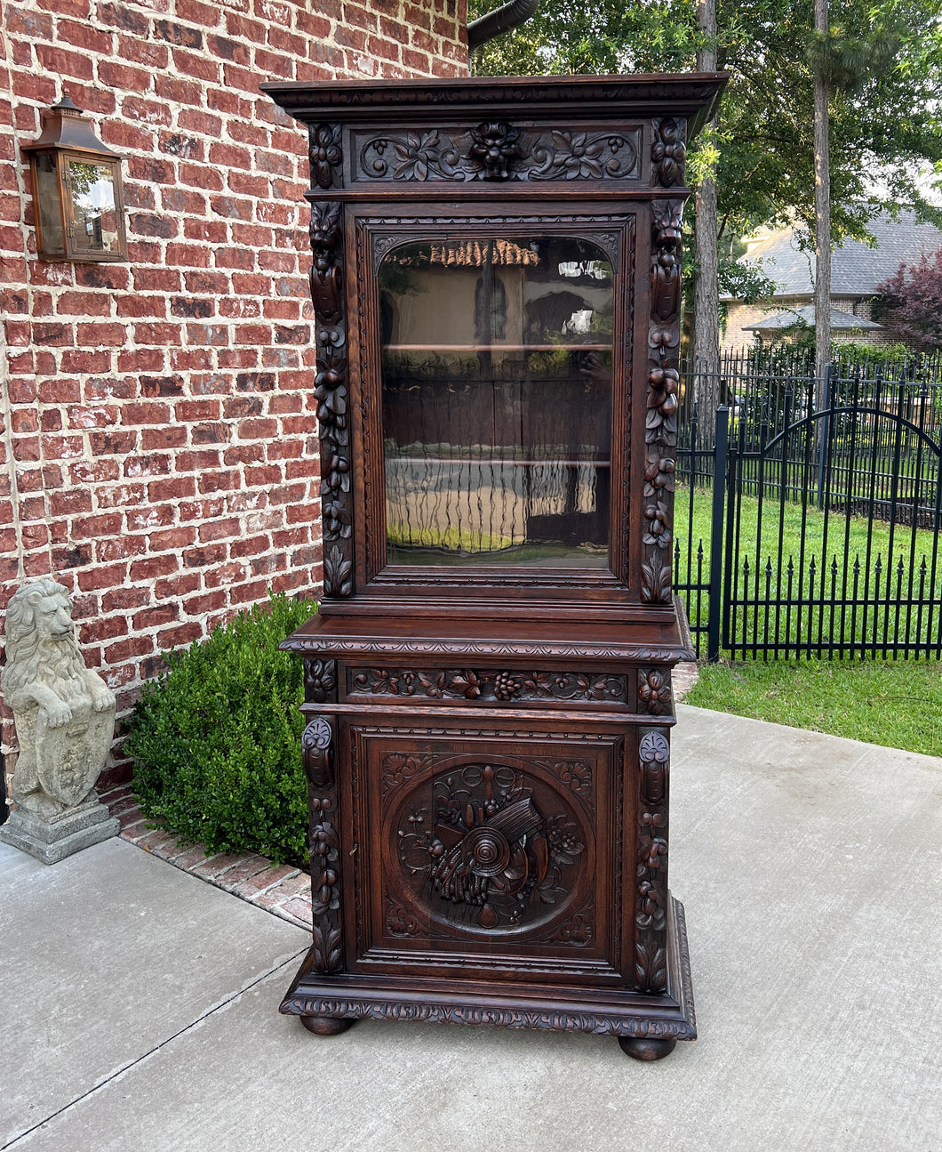 Antique French Bookcase Hunt Cabinet Display Buffet Black Forest Oak 19th C