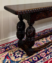 Load image into Gallery viewer, Antique English End-of-Bed Bench Window Seat Settee Carved Oak c. 1900