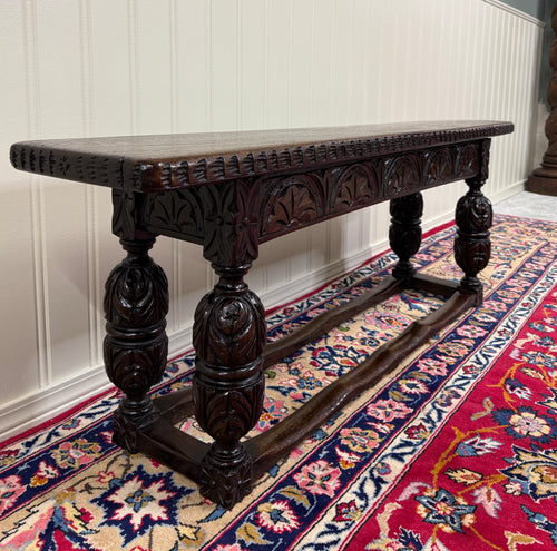 Antique English End-of-Bed Bench Window Seat Settee Carved Oak c. 1900