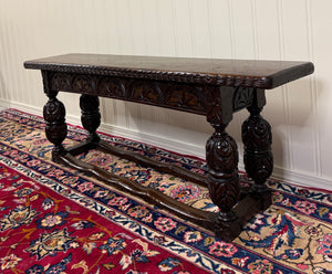 Antique English End-of-Bed Bench Window Seat Settee Carved Oak c. 1900