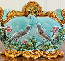 Load image into Gallery viewer, Antique French Onnaing Majolica Cache Pot Planter Bowl Jardiniere Love Birds